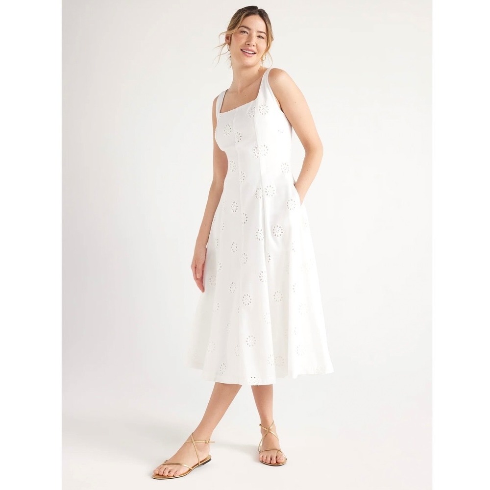 Free Assembly White Cotton Floral Eyelet Square Neck Sleeveless Midi Dress S